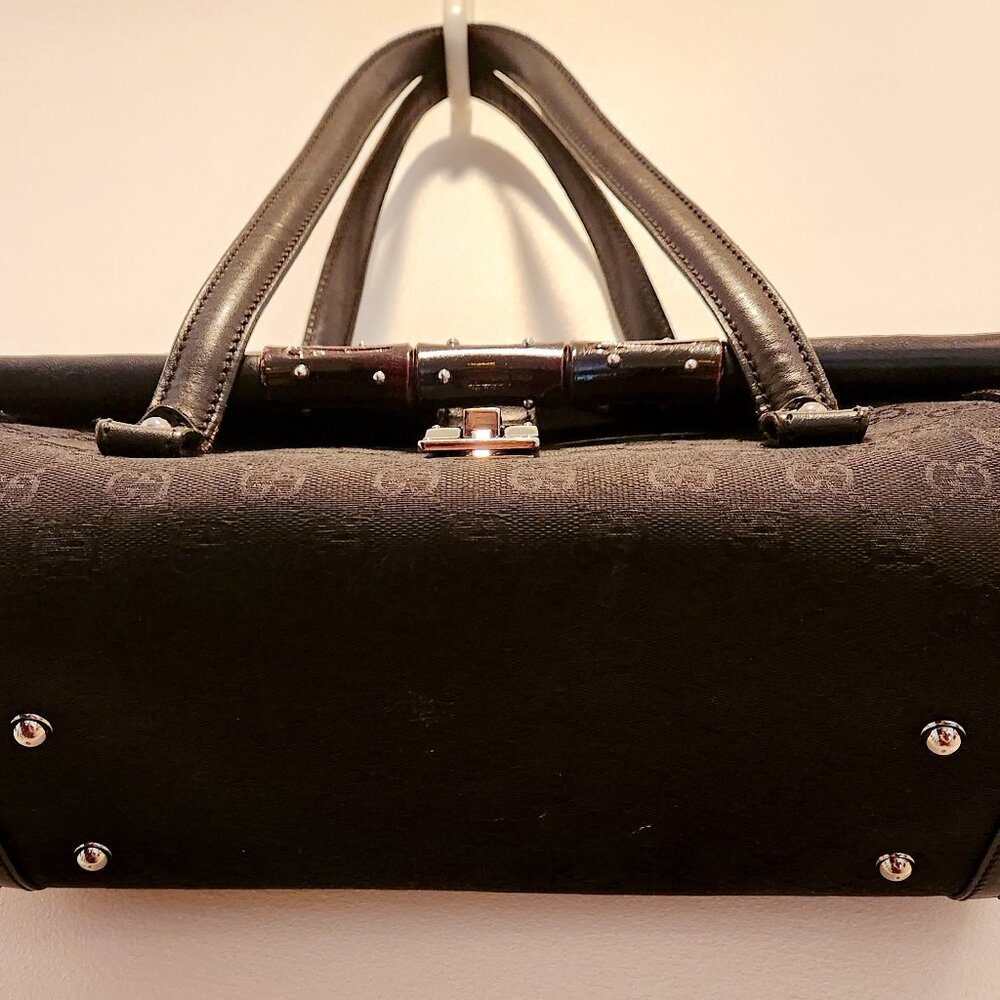 Authentic Gucci Monogram Bullet Satchel Handbag with Bamboo Accent & Dust Bag - Picture 5 of 16